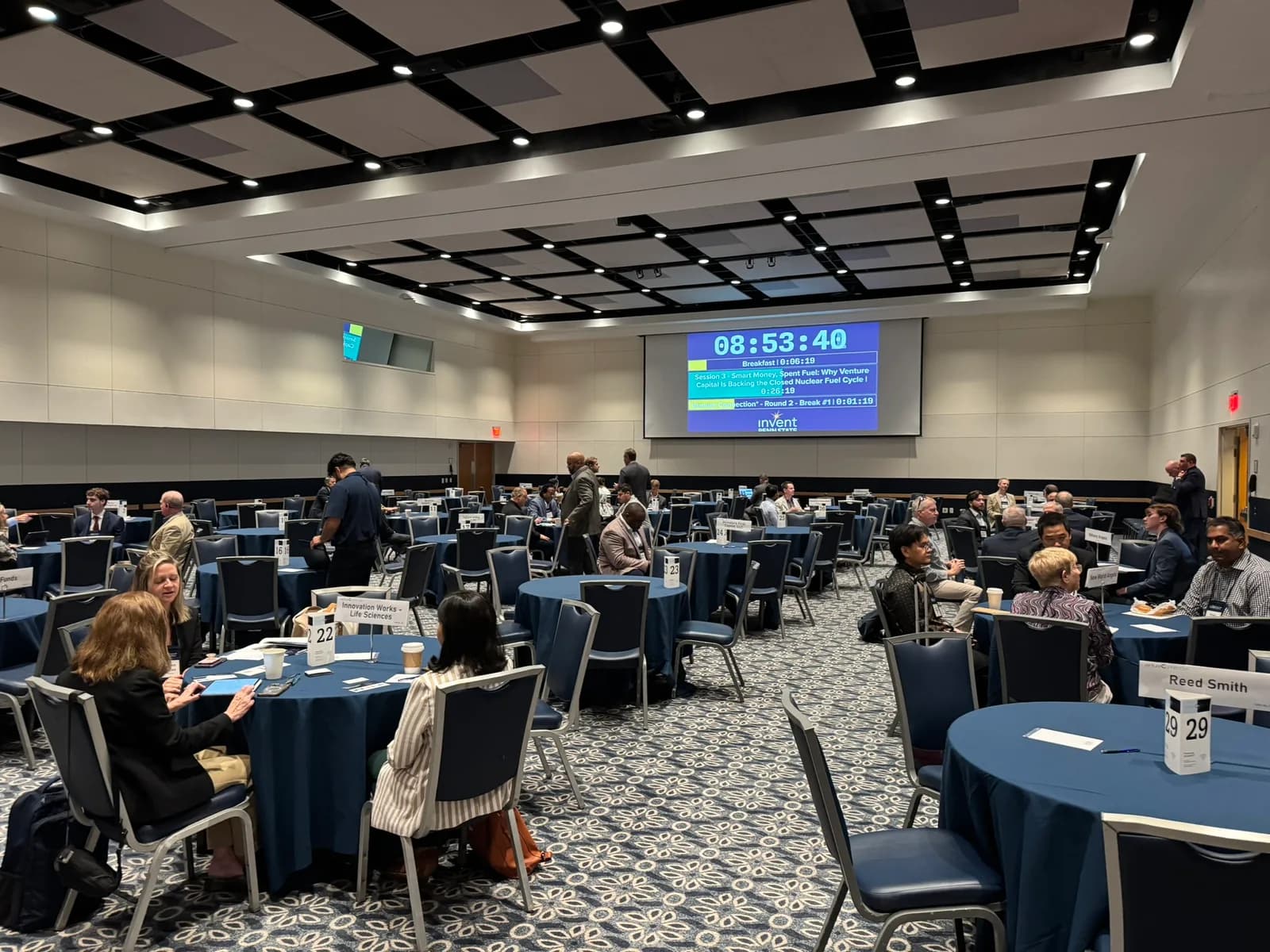 Attendees at round tables in the conference ballroom at the Penn State Venture and IP Conference